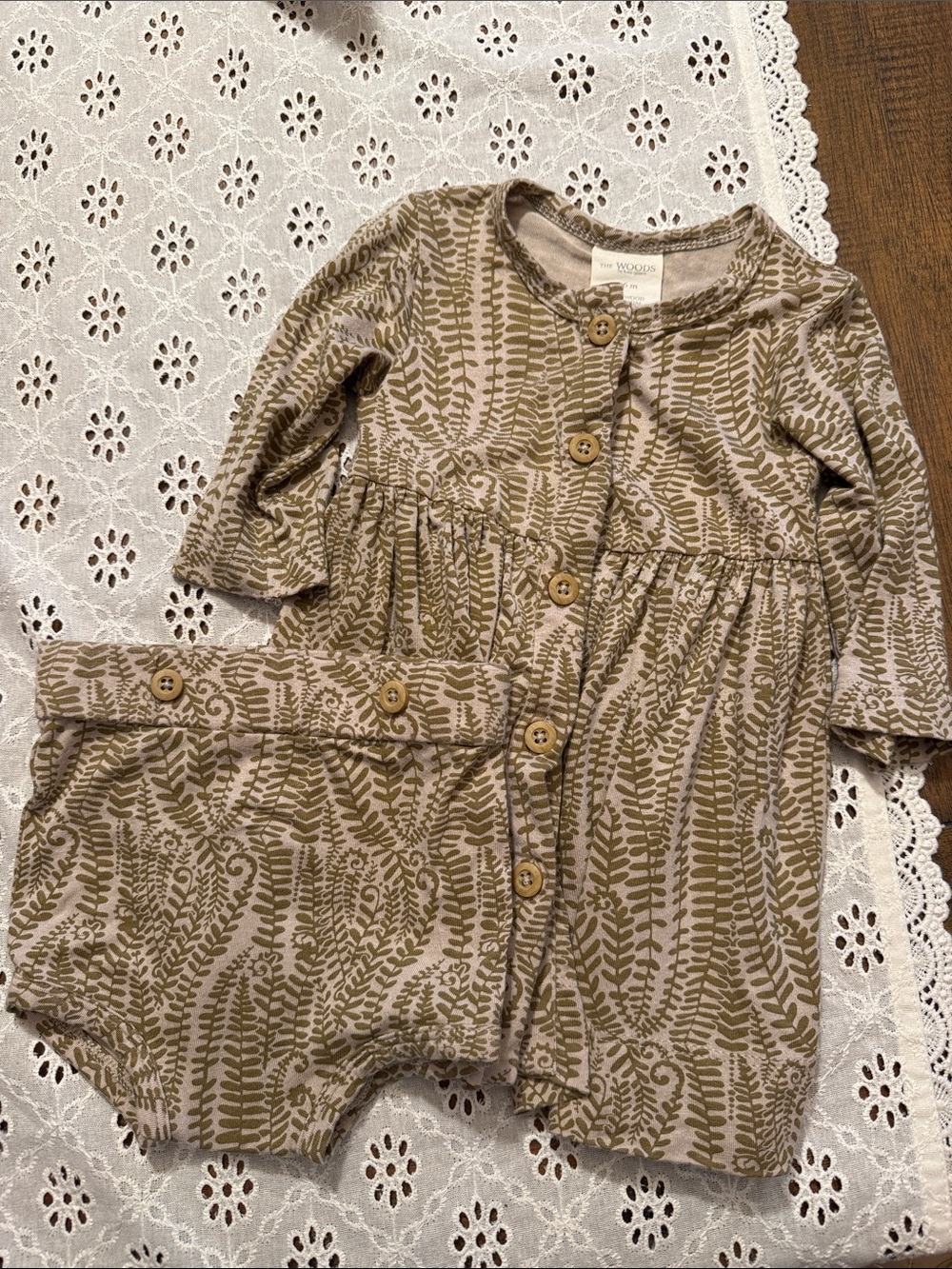 kate quinn Olive Fern Print dress with bloomer Set with Wood Buttons